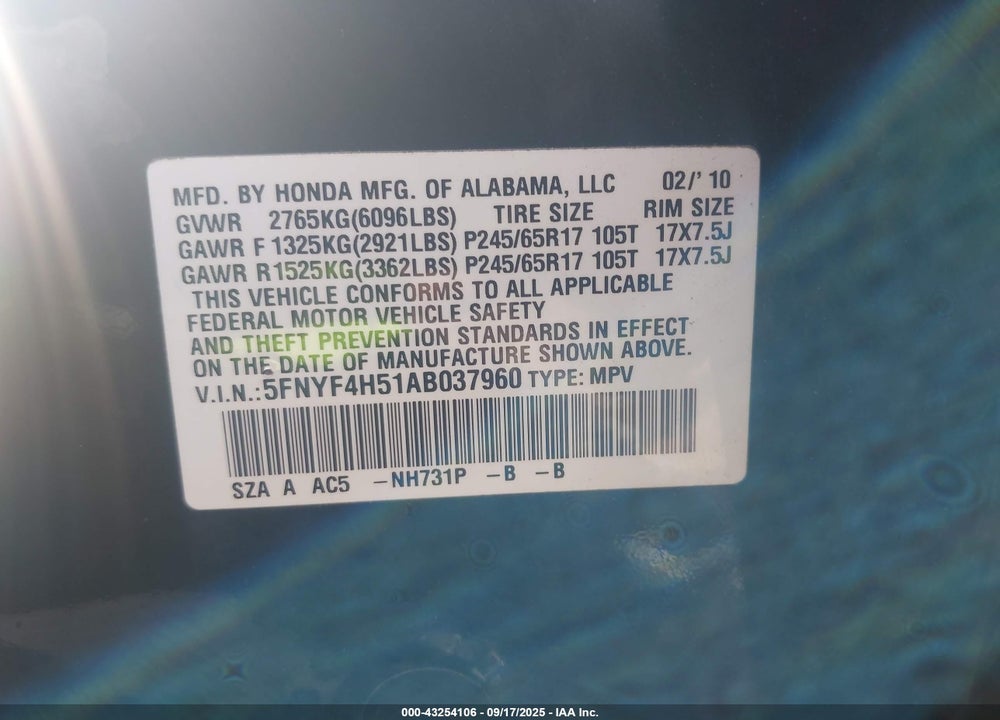 2010 HONDA PILOT EX-L VIN: 5FNYF4H51AB037960