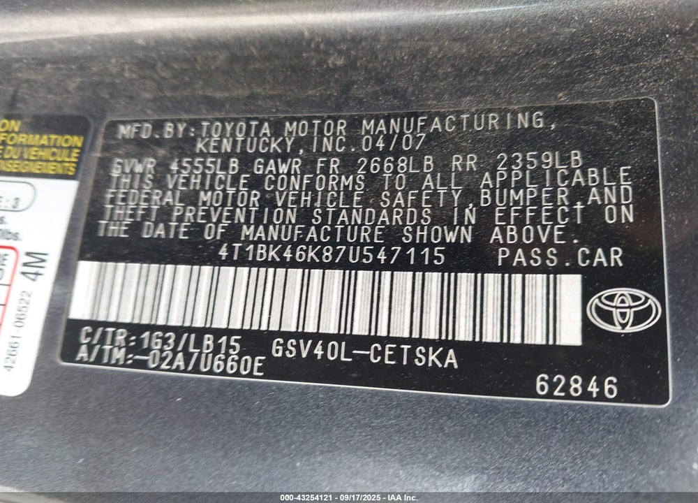 2007 TOYOTA CAMRY SE V6 VIN: 4T1BK46K87U547115