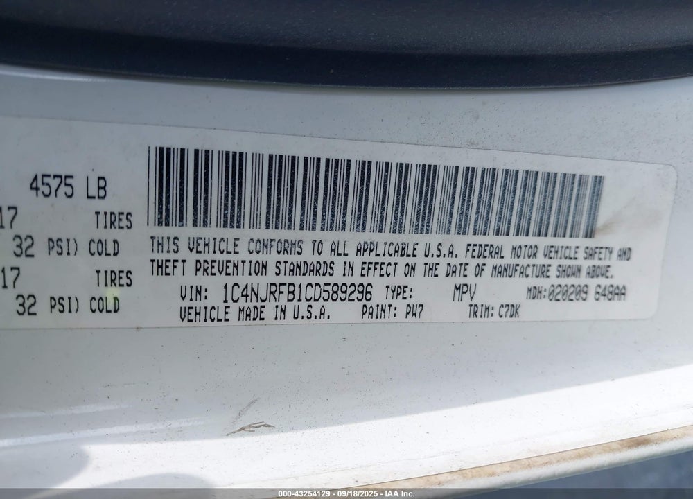 2012 JEEP PATRIOT LATITUDE VIN: 1C4NJRFB1CD589296