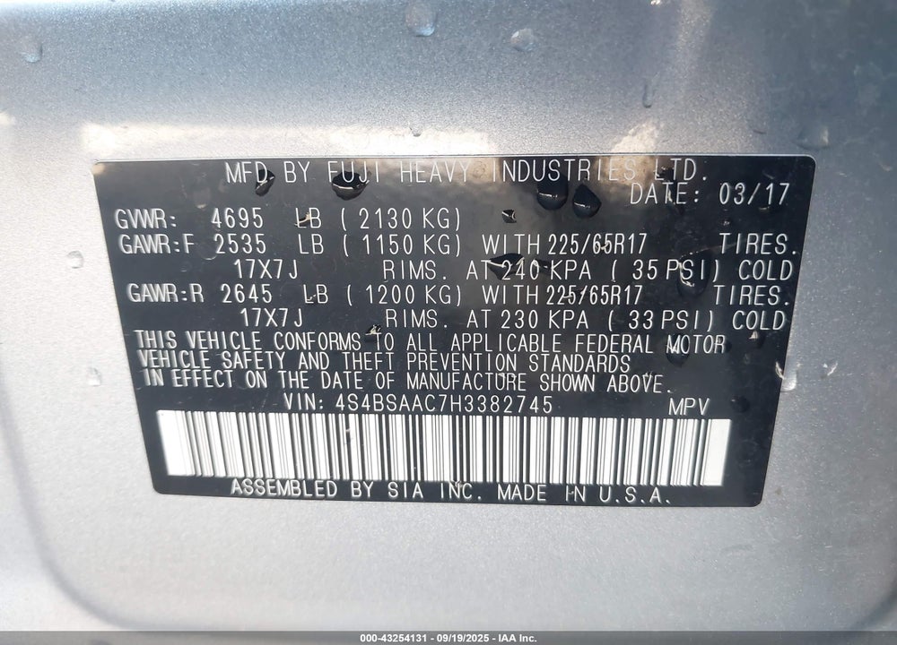 2017 SUBARU OUTBACK VIN: 4S4BSAAC7H3382745