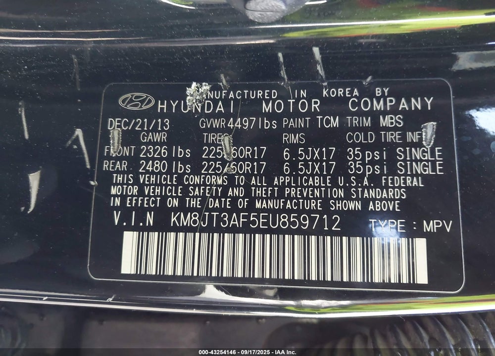 2014 HYUNDAI TUCSON GLS VIN: KM8JT3AF5EU859712