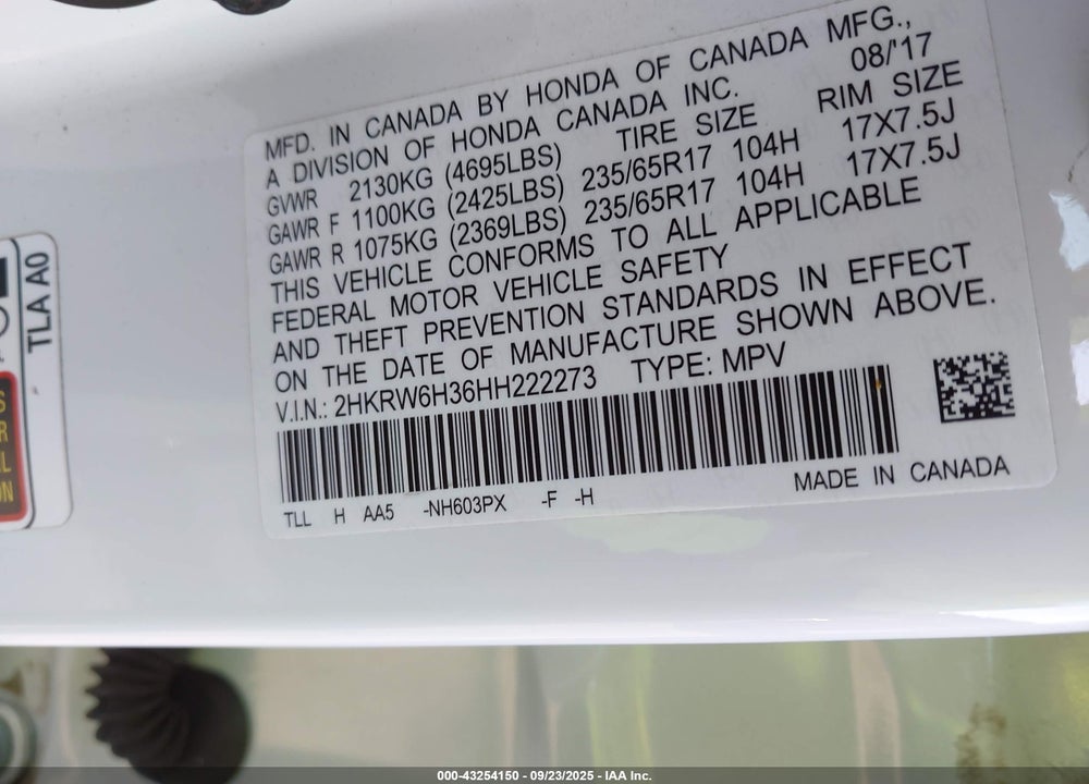 2017 HONDA CR-V LX VIN: 2HKRW6H36HH222273