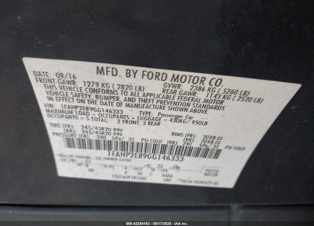 2016 FORD TAURUS VIN: 1FAHP2E89GG146333