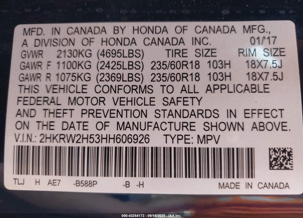 2017 HONDA CR-V EX VIN: 2HKRW2H53HH606926