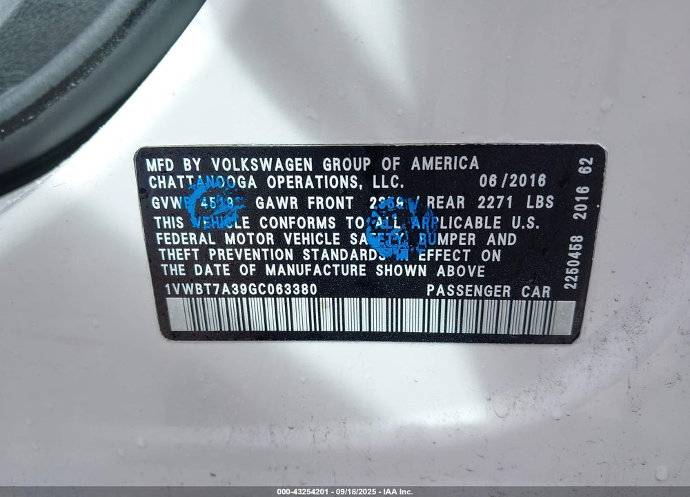 2016 VOLKSWAGEN PASSAT 1.8T SE VIN: 1VWBT7A39GC063380