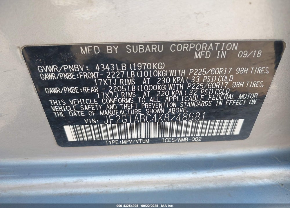 2019 SUBARU CROSSTREK 2.0I VIN: JF2GTABC4K8248681
