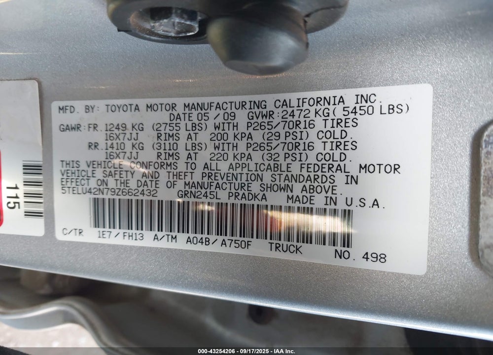 2009 TOYOTA TACOMA BASE V6 VIN: 5TELU42N79Z662432