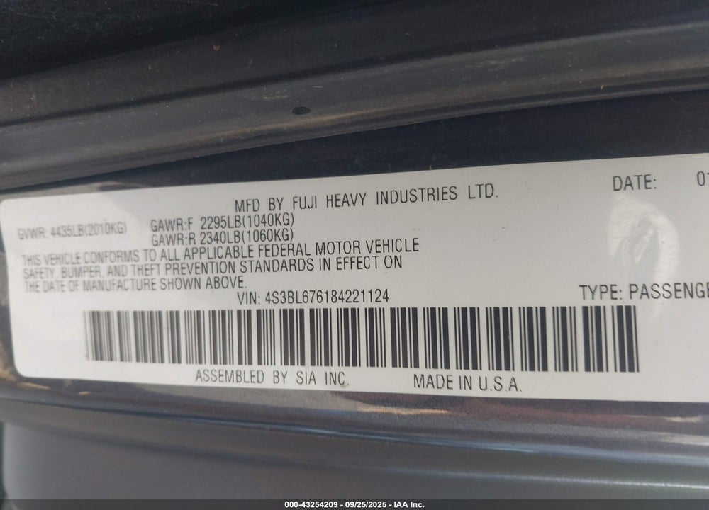 2008 SUBARU LEGACY 2.5GT LIMITED VIN: 4S3BL676184221124