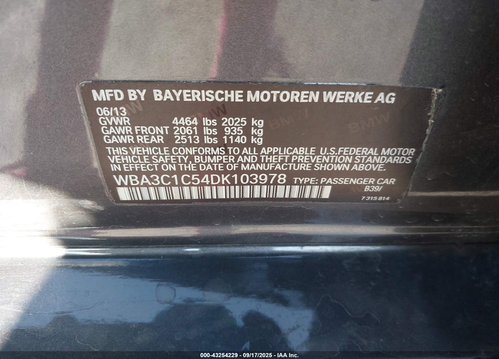 2013 BMW 328I VIN: WBA3C1C54DK103978