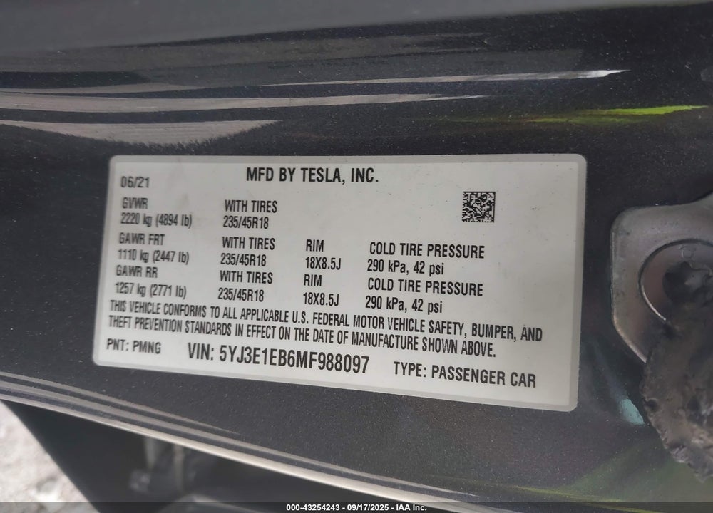 2021 TESLA MODEL 3 VIN: 5YJ3E1EB6MF988097