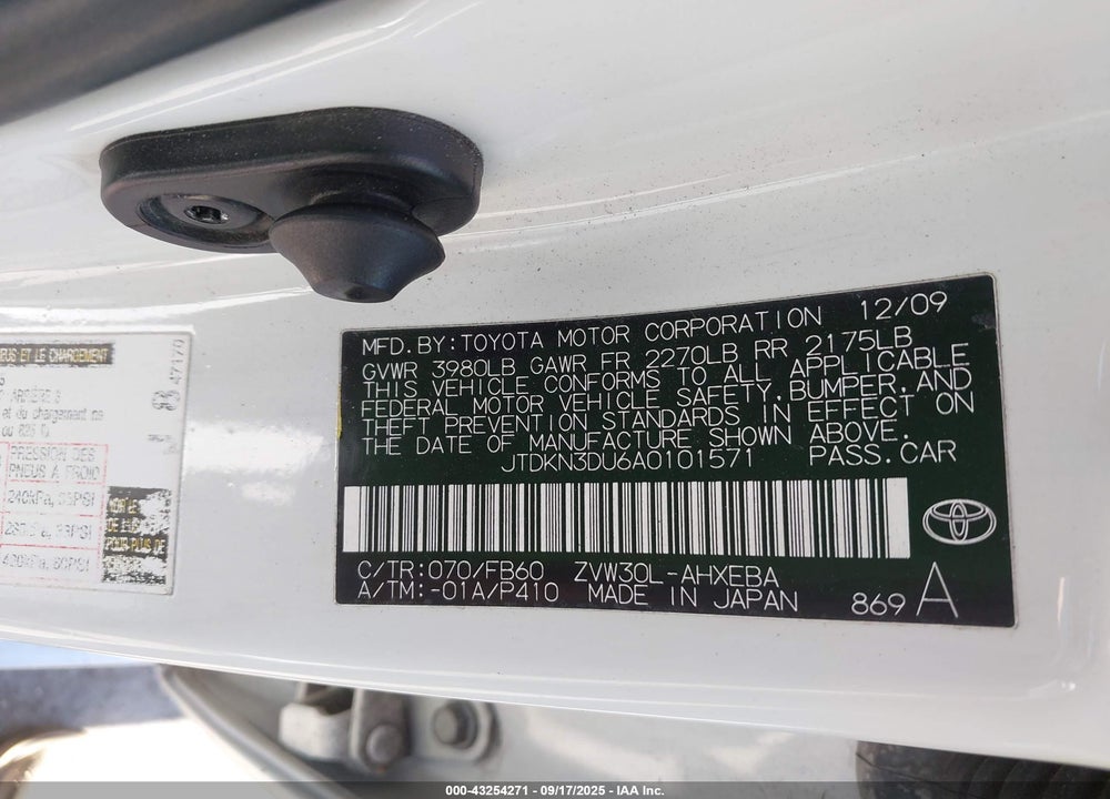 2010 TOYOTA PRIUS VIN: JTDKN3DU6A0101571