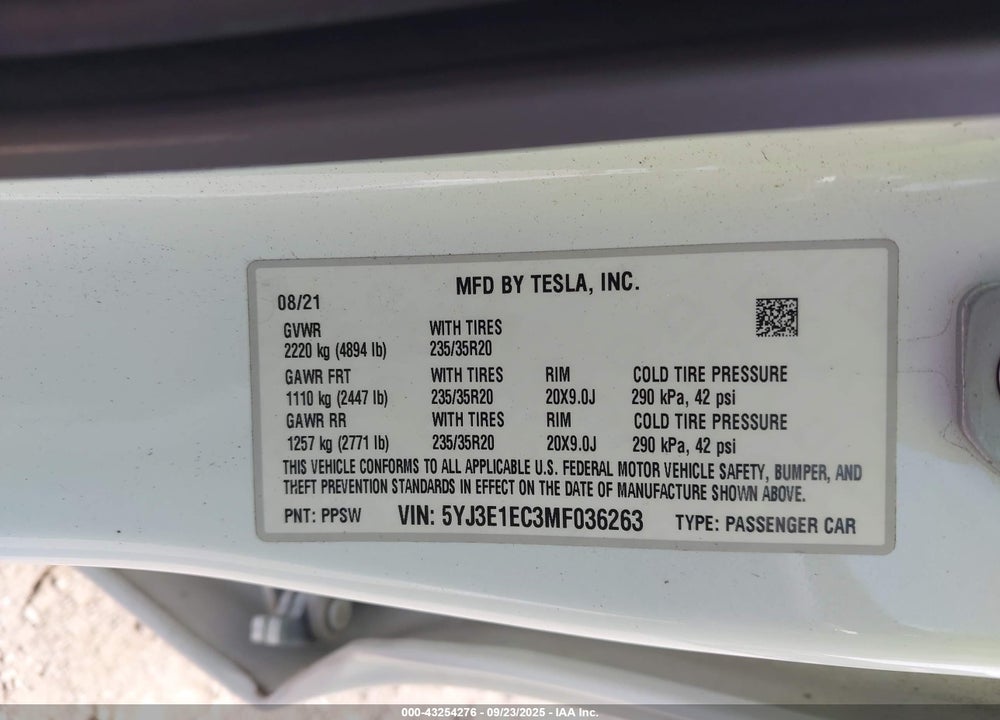 2021 TESLA MODEL 3 VIN: 5YJ3E1EC3MF036263