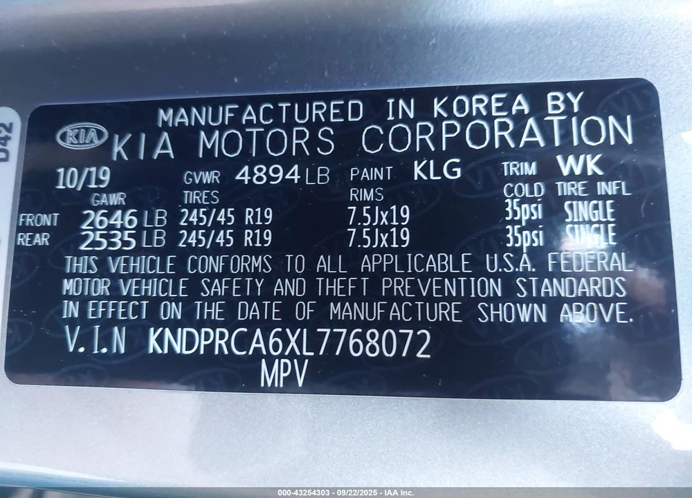 2020 KIA SPORTAGE VIN: KNDPRCA6XL7768072