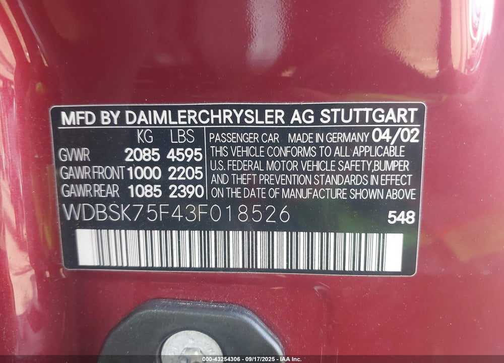 2003 MERCEDES-BENZ SL 500 VIN: WDBSK75F43F018526