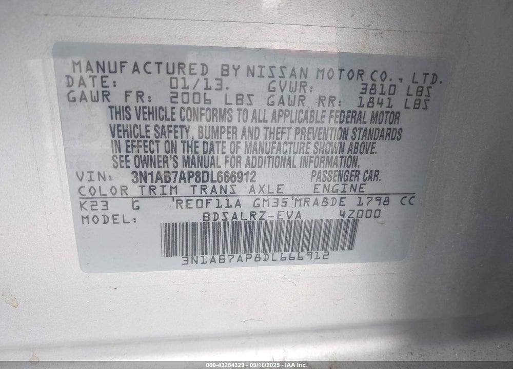 2013 NISSAN SENTRA SR VIN: 3N1AB7AP8DL666912