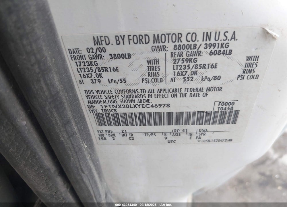 2000 FORD F-250 LARIAT/XL/XLT VIN: 1FTNX20LXYEC46978
