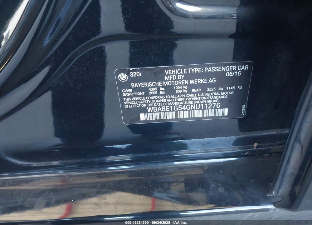 2016 BMW 320I VIN: WBA8E1G54GNU11276