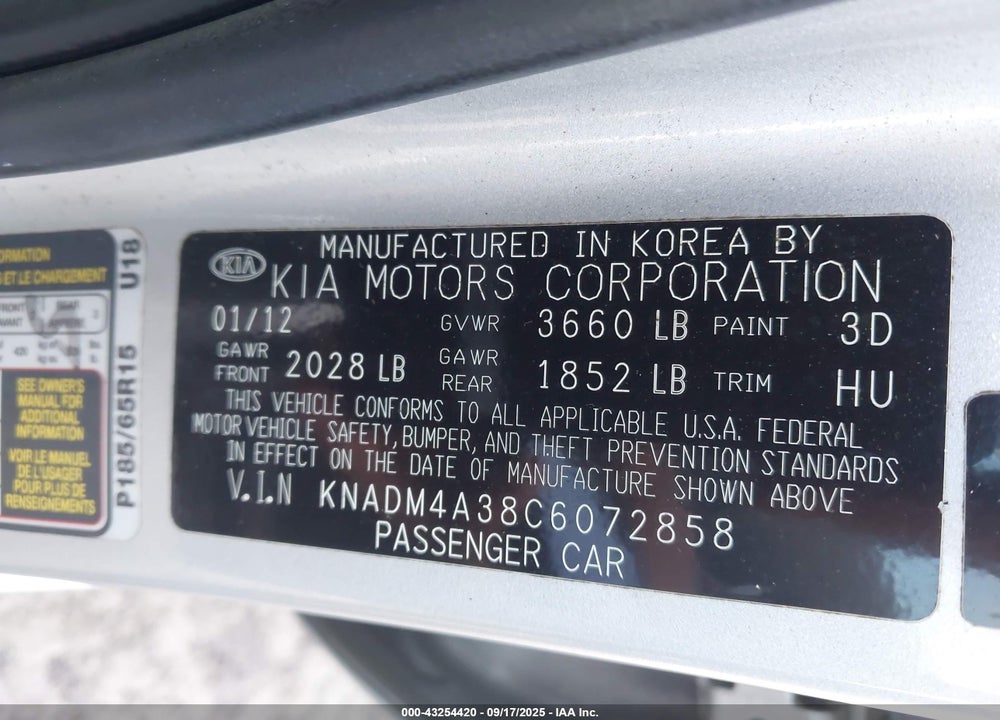 2012 KIA RIO VIN: KNADM4A38C6072858