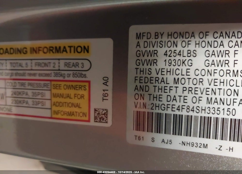 2025 HONDA CIVIC  HYBRID SPORT/SPORT TOURING VIN: 2HGFE4F84SH335150