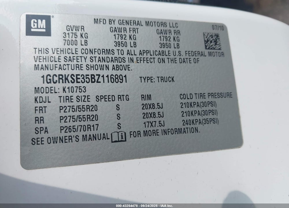2011 CHEVROLET SILVERADO 1500 VIN: 1GCRKSE35BZ116891