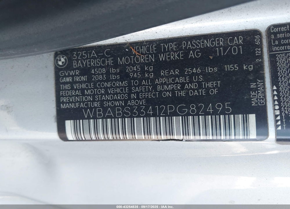 2002 BMW 325CI VIN: WBABS33412PG82495