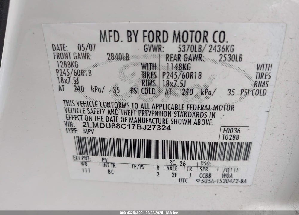 2007 LINCOLN MKX VIN: 2LMDU68C17BJ27324