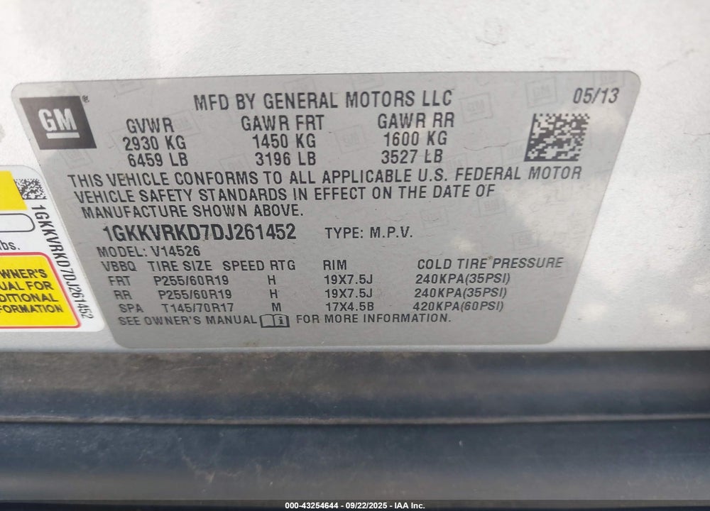 2013 GMC ACADIA VIN: 1GKKVRKD7DJ261452