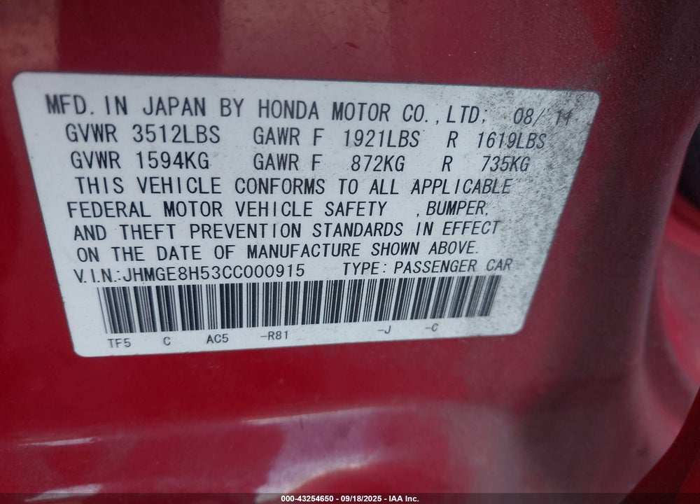 2012 HONDA FIT VIN: JHMGE8H53CC000915