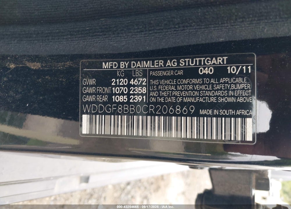 2012 MERCEDES-BENZ C CLASS VIN: WDDGF8BB0CR206869