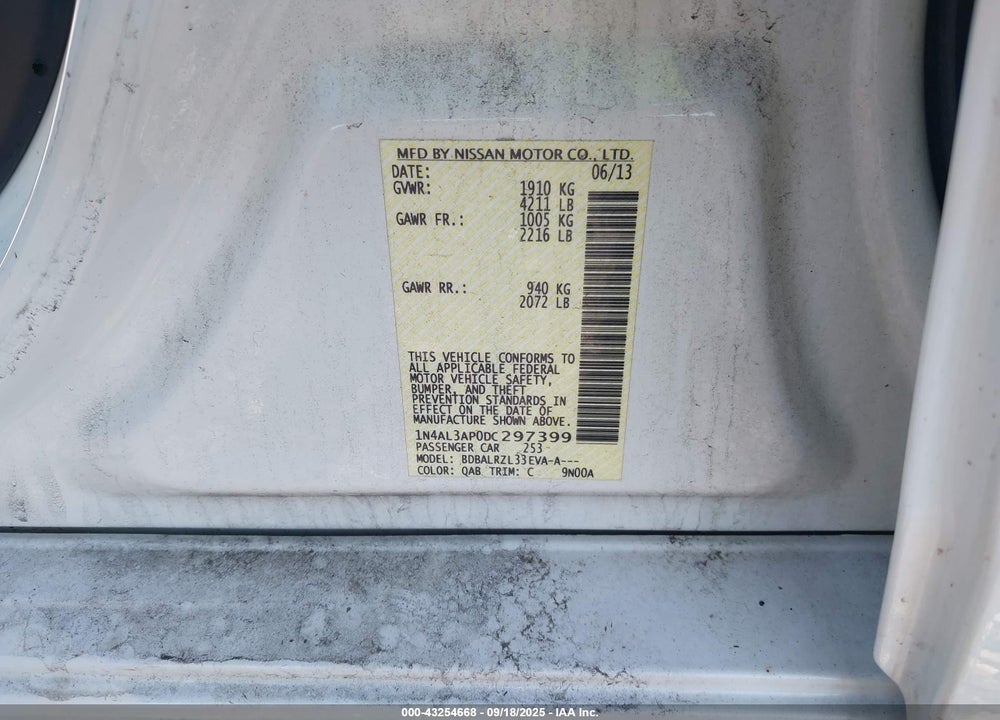 2013 NISSAN ALTIMA 2.5 S VIN: 1N4AL3AP0DC297399