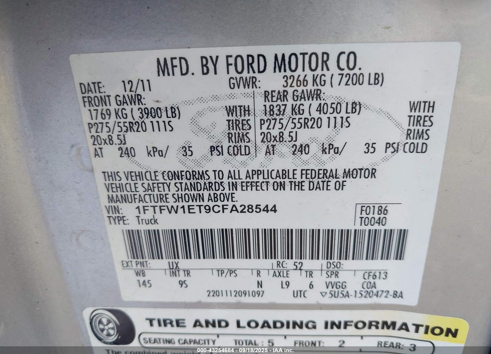 2012 FORD F-150 VIN: 1FTFW1ET9CFA28544