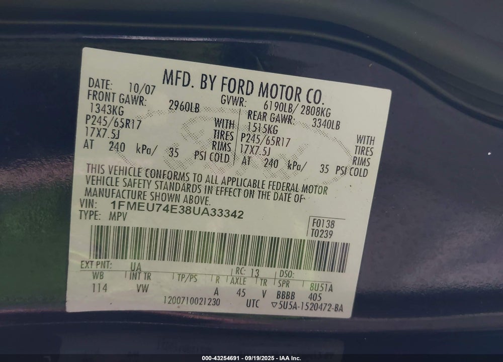 2008 FORD EXPLORER EDDIE BAUER VIN: 1FMEU74E38UA33342