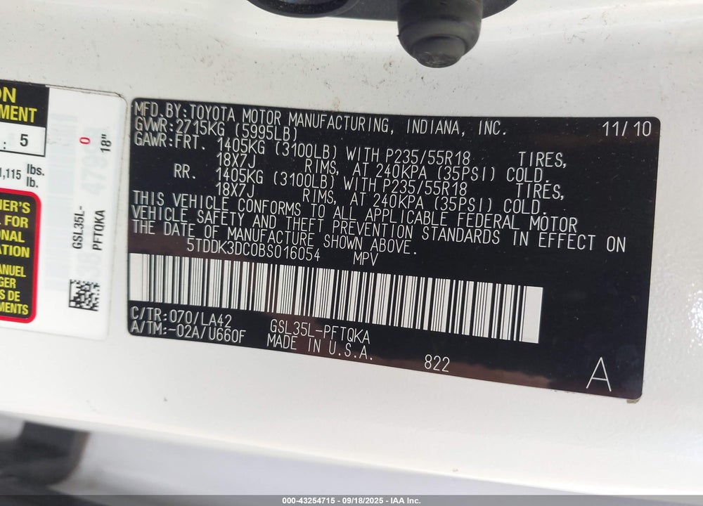 2011 TOYOTA SIENNA VIN: 5TDDK3DC0BS016054
