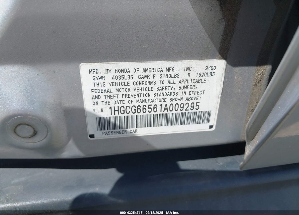 2001 HONDA ACCORD 2.3 LX VIN: 1HGCG66561A009295
