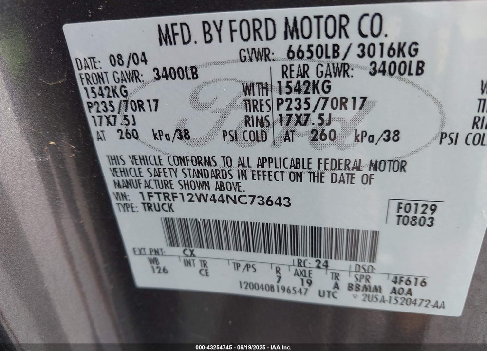 2004 FORD F-150 STX/XL/XLT VIN: 1FTRF12W44NC73643