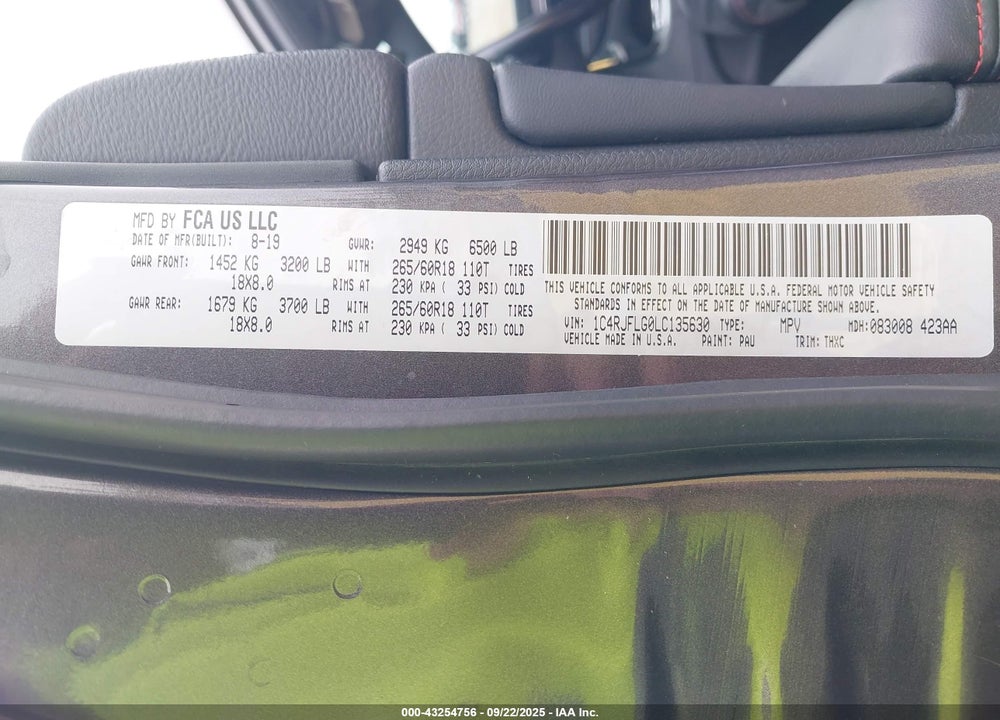 2020 JEEP GRAND CHEROKEE VIN: 1C4RJFLG0LC135630