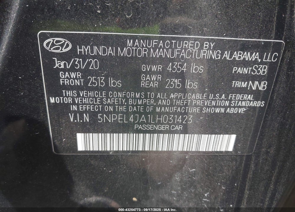 2020 HYUNDAI SONATA VIN: 5NPEL4JA1LH031423