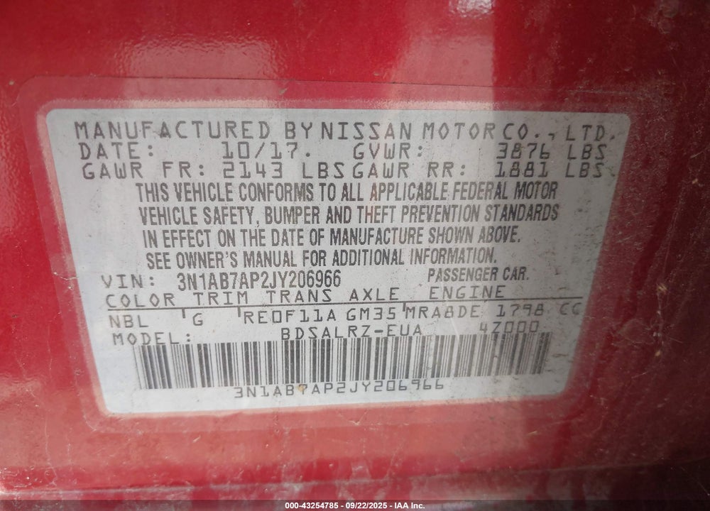 2018 NISSAN SENTRA VIN: 3N1AB7AP2JY206966