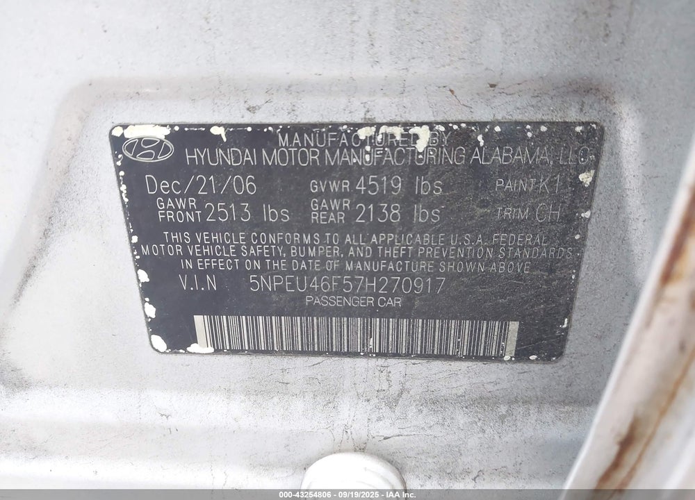 2007 HYUNDAI SONATA VIN: 5NPEU46F57H270917