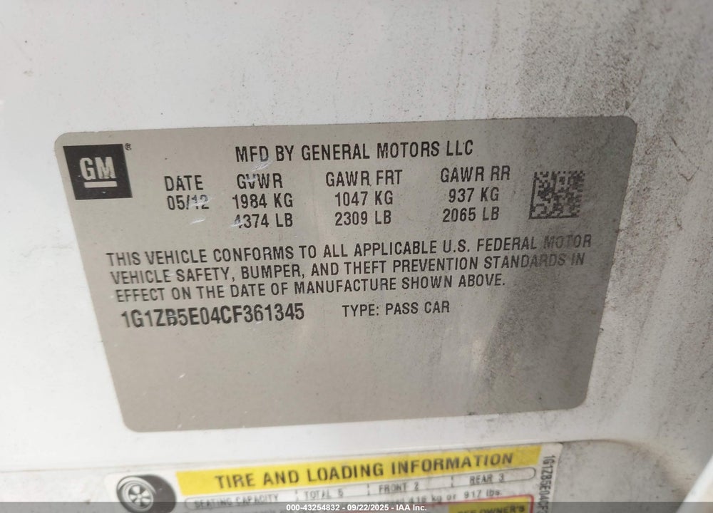 2012 CHEVROLET MALIBU VIN: 1G1ZB5E04CF361345