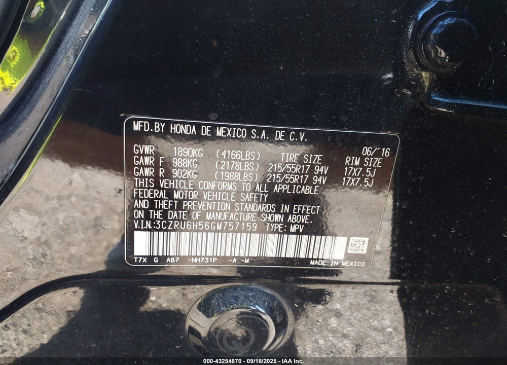 2016 HONDA HR-V EX VIN: 3CZRU6H56GM757159