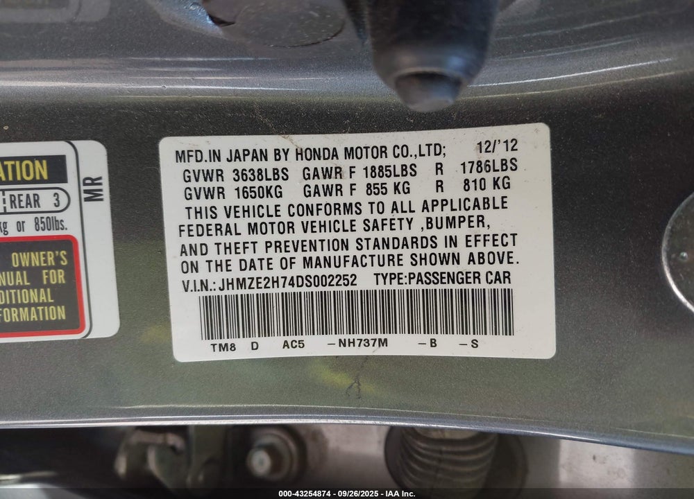 2013 HONDA INSIGHT VIN: JHMZE2H74DS002252