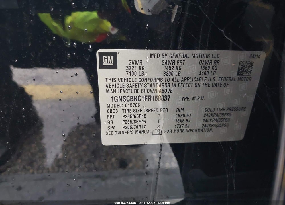 2015 CHEVROLET TAHOE VIN: 1GNSCBKC1FR158037