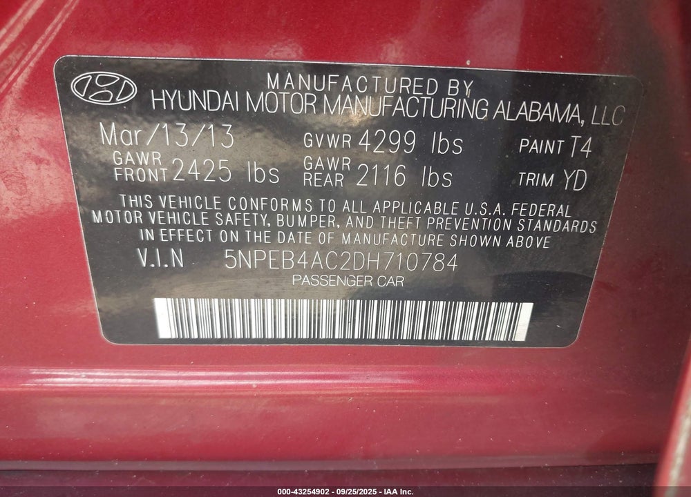 2013 HYUNDAI SONATA GLS VIN: 5NPEB4AC2DH710784