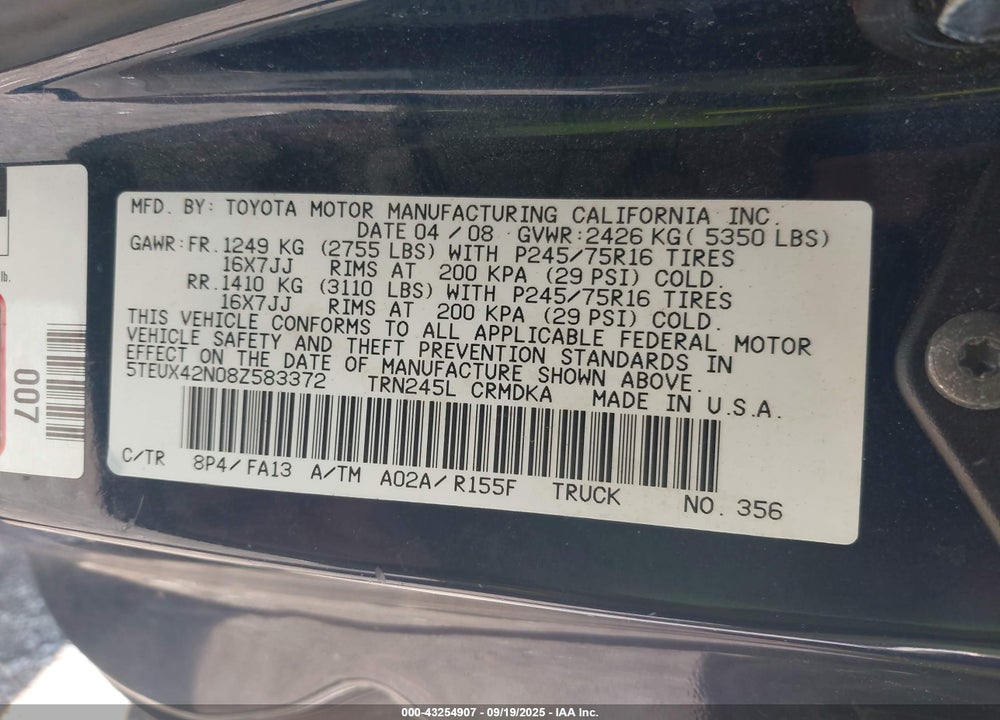 2008 TOYOTA TACOMA VIN: 5TEUX42N08Z583372