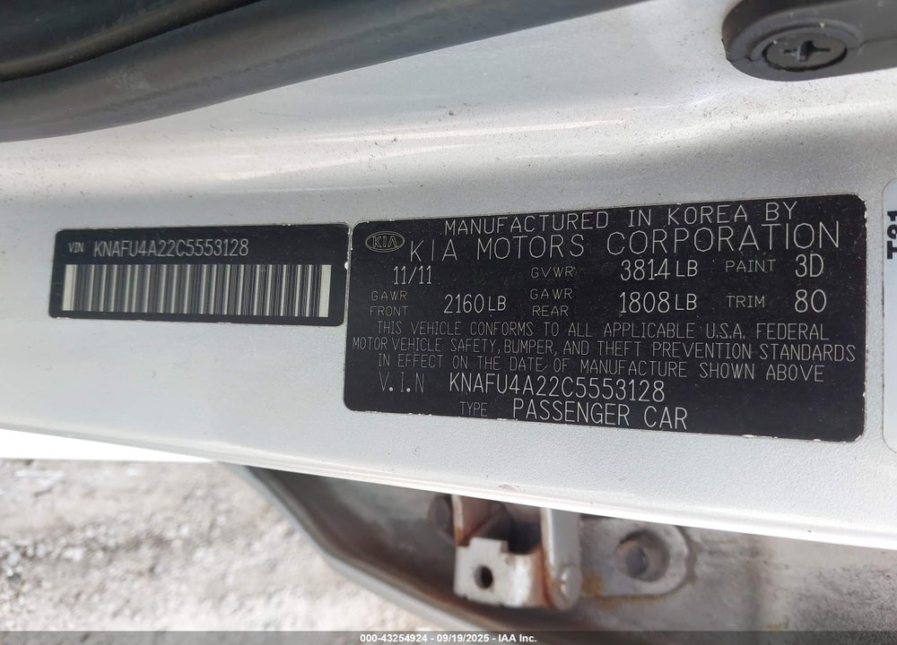 2012 KIA FORTE VIN: KNAFU4A22C5553128