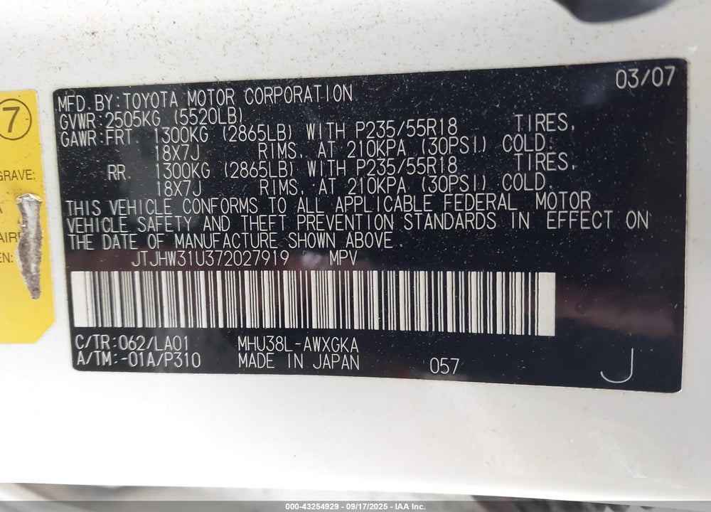 2007 LEXUS RX 400H VIN: JTJHW31U372027919