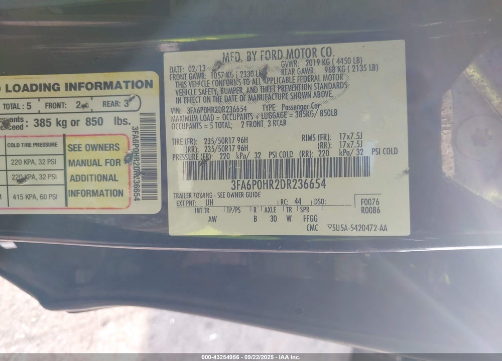 2013 FORD FUSION VIN: 3FA6P0HR2DR236654