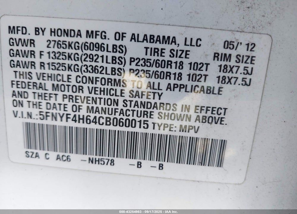 2012 HONDA PILOT EX-L VIN: 5FNYF4H64CB060015