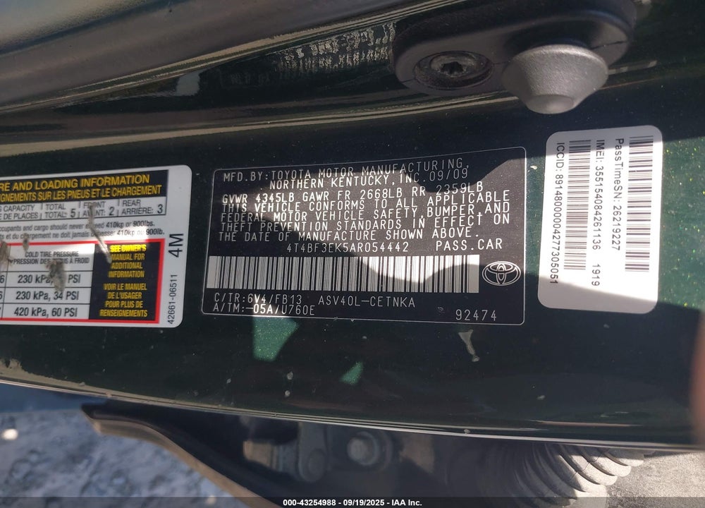 2010 TOYOTA CAMRY VIN: 4T4BF3EK5AR054442